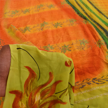 Sanskriti Vintage Sarees Orange Pure Crepe Silk Printed Sari 5+yd Craft Sustainable Fabric