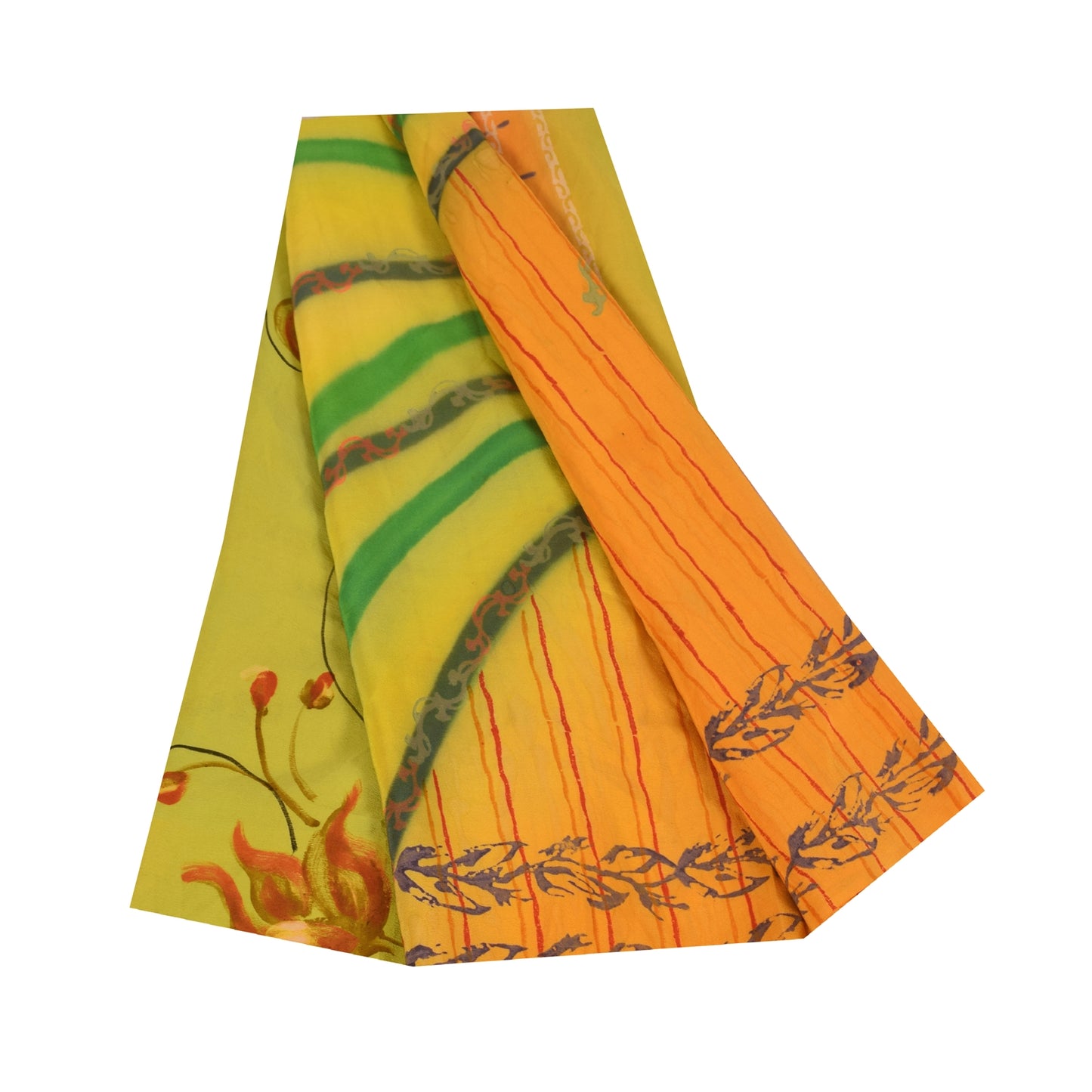 Sanskriti Vintage Sarees Orange Pure Crepe Silk Printed Sari 5+yd Craft Sustainable Fabric