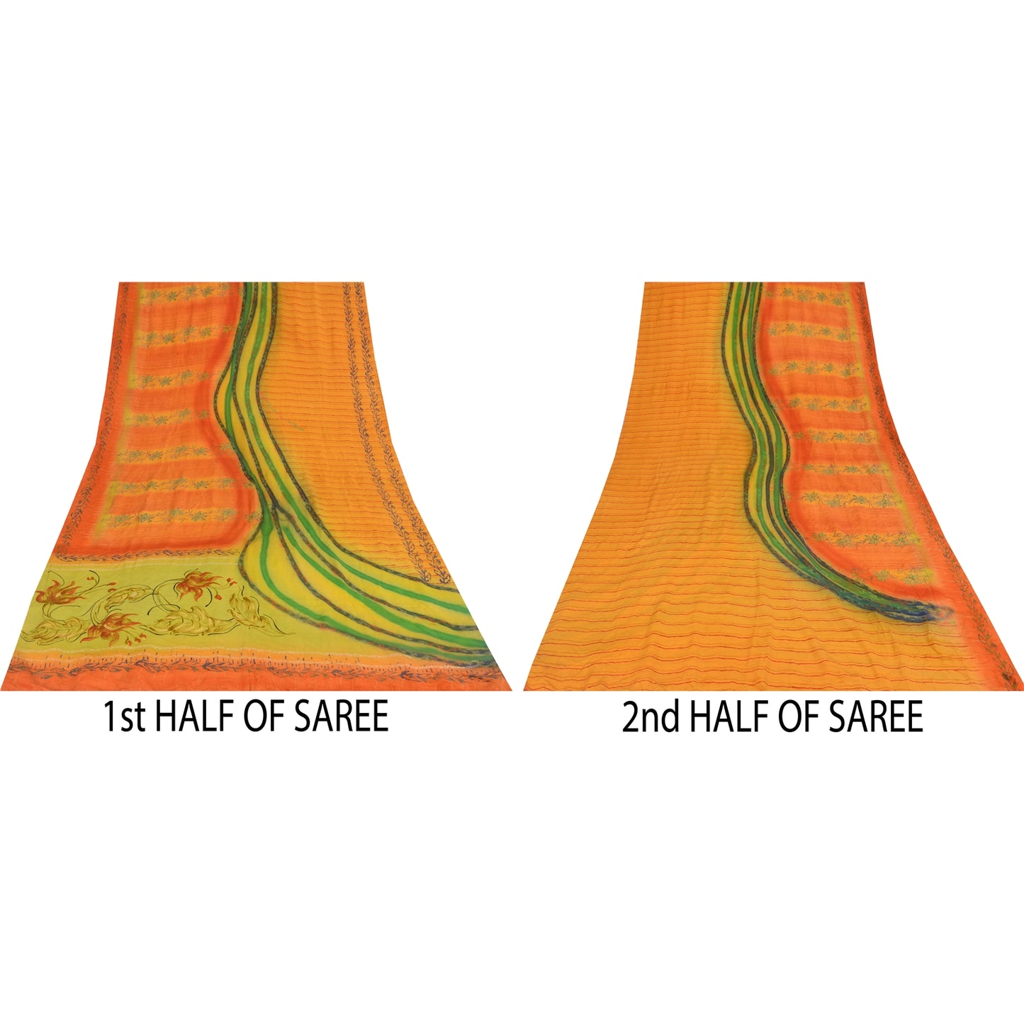 Sanskriti Vintage Sarees Orange Pure Crepe Silk Printed Sari 5+yd Craft Sustainable Fabric