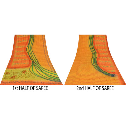 Sanskriti Vintage Sarees Orange Pure Crepe Silk Printed Sari 5+yd Craft Sustainable Fabric