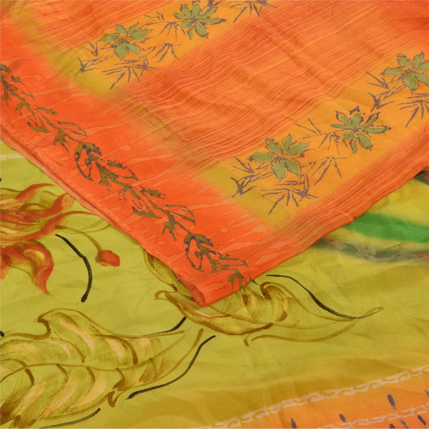 Sanskriti Vintage Sarees Orange Pure Crepe Silk Printed Sari 5+yd Craft Sustainable Fabric