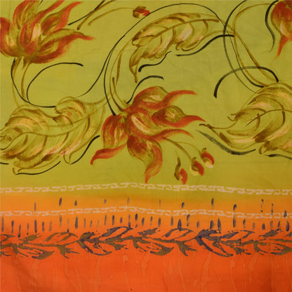 Sanskriti Vintage Sarees Orange Pure Crepe Silk Printed Sari 5+yd Craft Sustainable Fabric