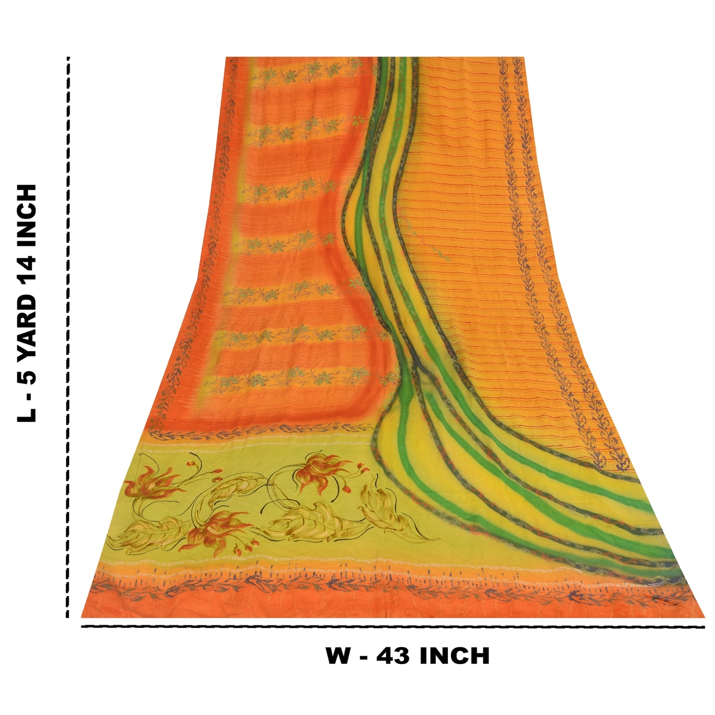 Sanskriti Vintage Sarees Orange Pure Crepe Silk Printed Sari 5+yd Craft Sustainable Fabric