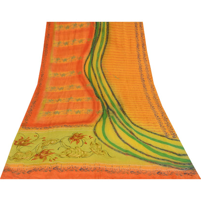 Sanskriti Vintage Sarees Orange Pure Crepe Silk Printed Sari 5+yd Craft Sustainable Fabric