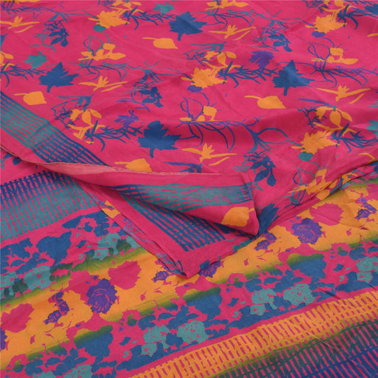 Sanskriti Vintage Sarees Pink 100%Pure Crepe Silk Printed Sari 5+yd Craft Sustainable Fabric
