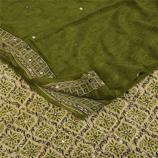 Sanskriti Vintage Sarees Green Embroidered Pure Crepe Printed Sari 5+yd Fabric