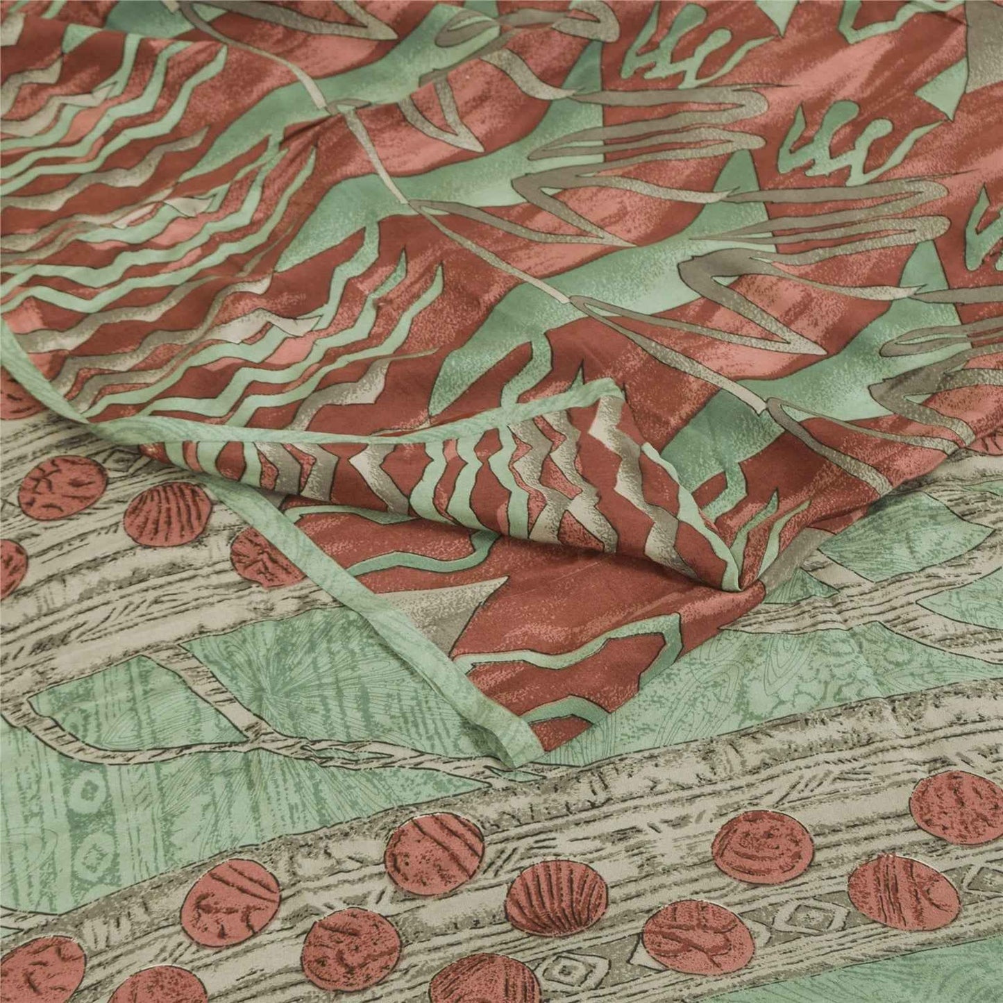 Sanskriti Vintage Sarees Green & Red Crepe Silk Printed Sari 6+yd Craft Fabric