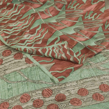 Sanskriti Vintage Sarees Green & Red Crepe Silk Printed Sari 6+yd Craft Fabric