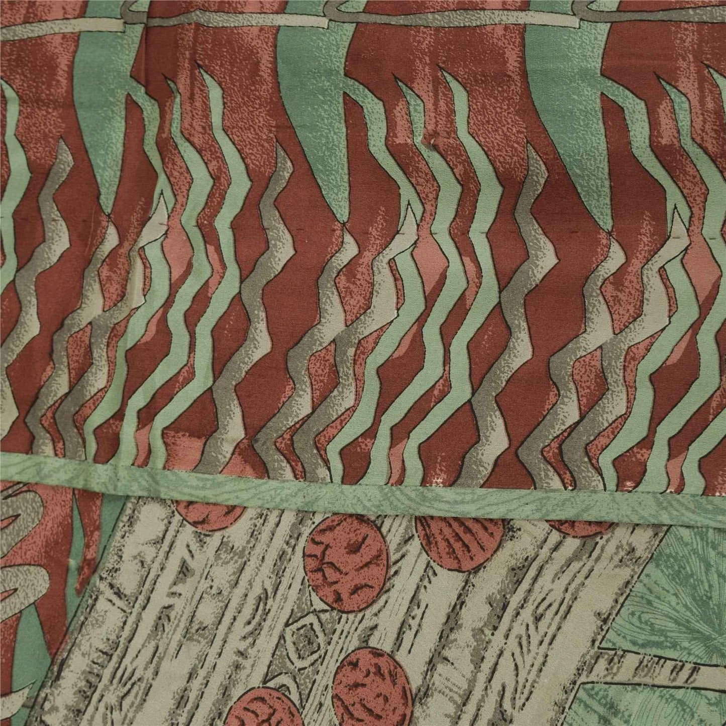 Sanskriti Vintage Sarees Green & Red Crepe Silk Printed Sari 6+yd Craft Fabric