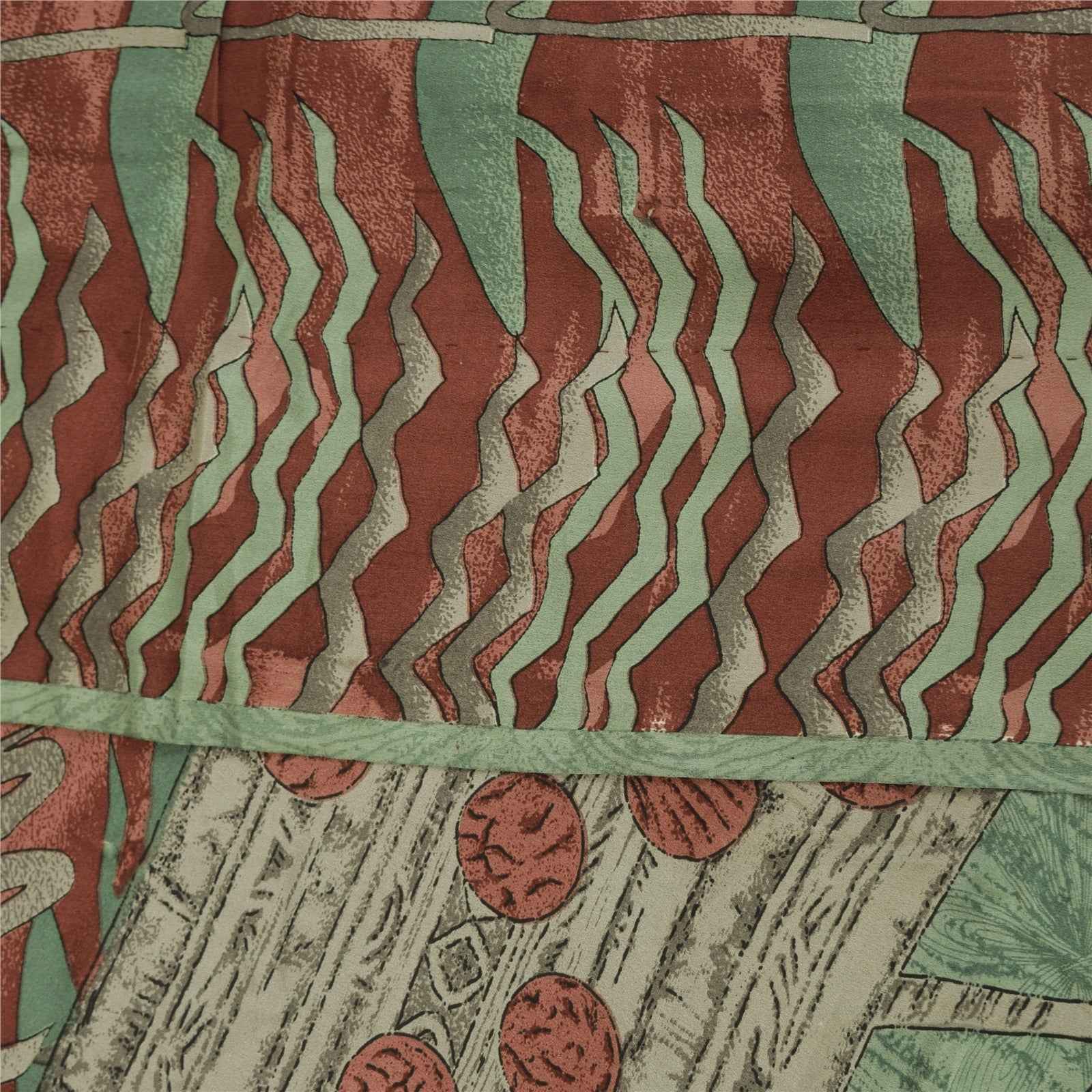 Sanskriti Vintage Sarees Green & Red Crepe Silk Printed Sari 6+yd Craft Fabric