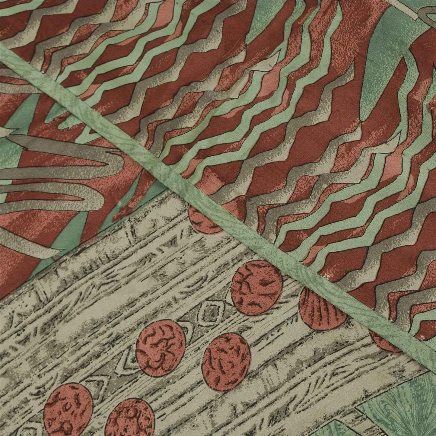 Sanskriti Vintage Sarees Green & Red Crepe Silk Printed Sari 6+yd Craft Fabric