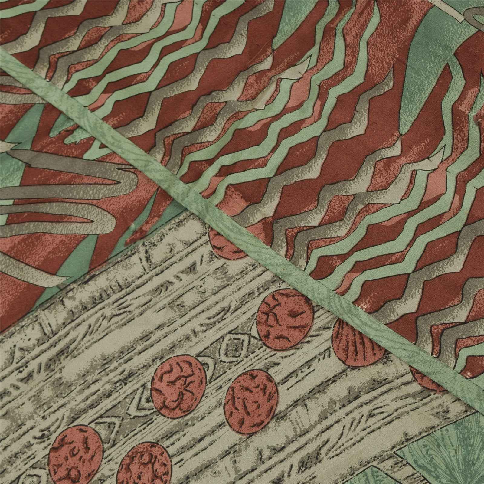 Sanskriti Vintage Sarees Green & Red Crepe Silk Printed Sari 6+yd Craft Fabric