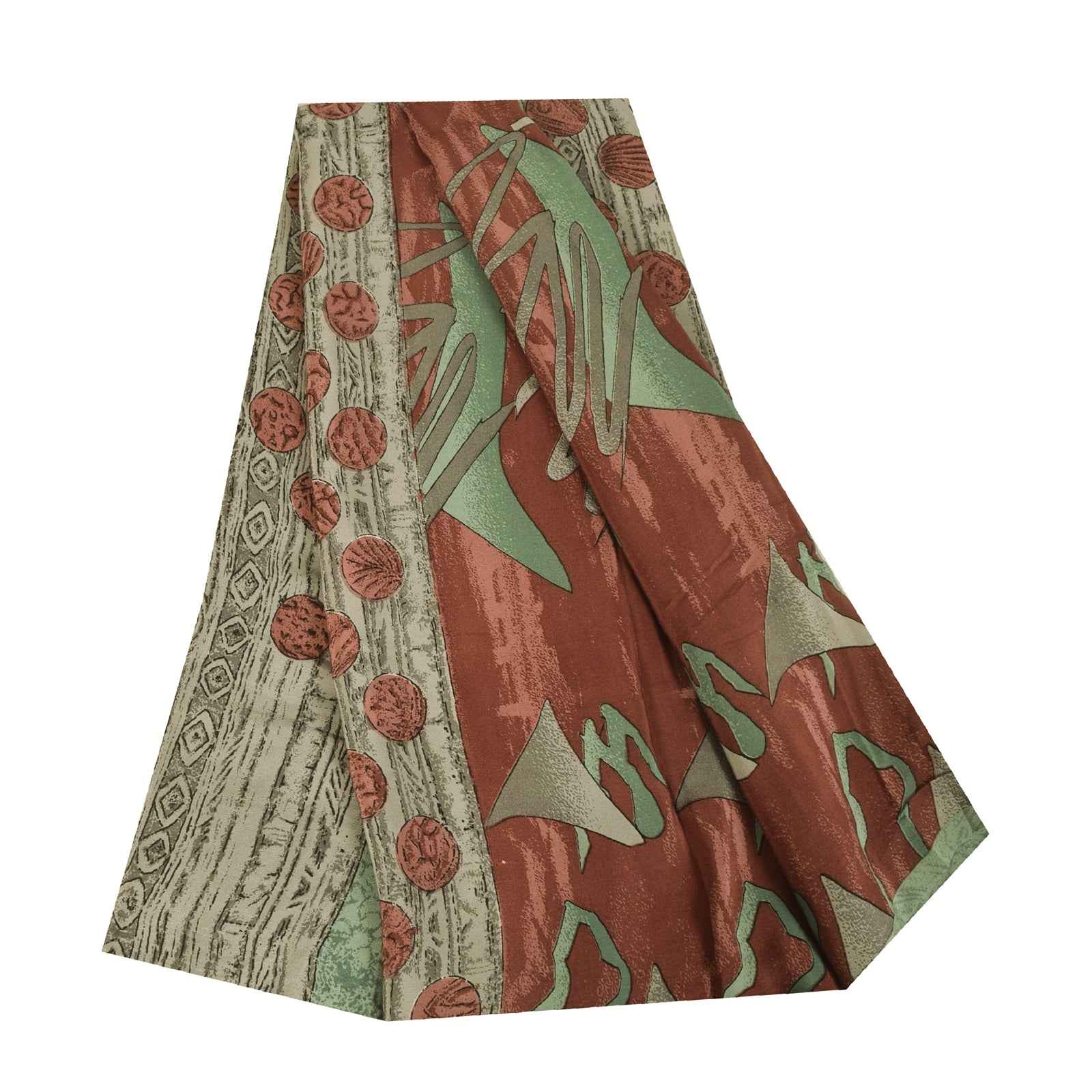 Sanskriti Vintage Sarees Green & Red Crepe Silk Printed Sari 6+yd Craft Fabric