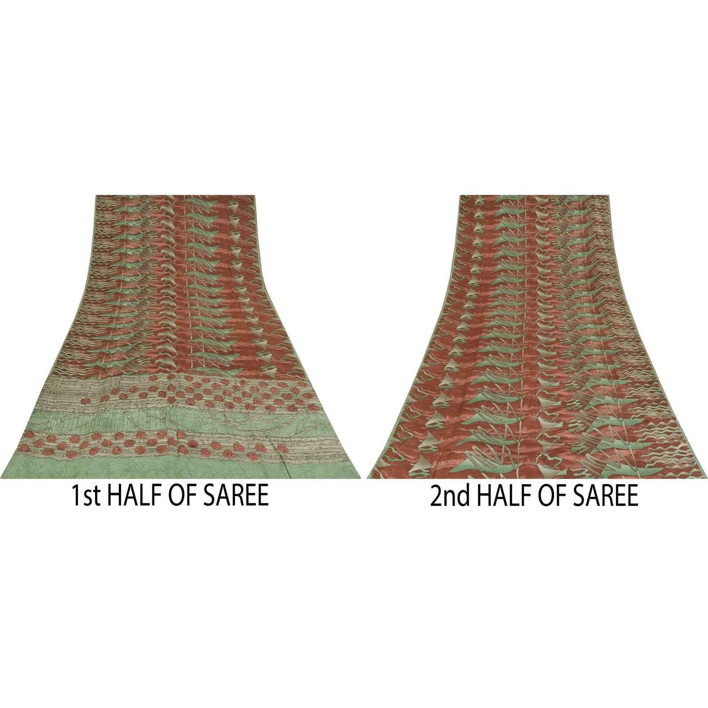 Sanskriti Vintage Sarees Green & Red Crepe Silk Printed Sari 6+yd Craft Fabric