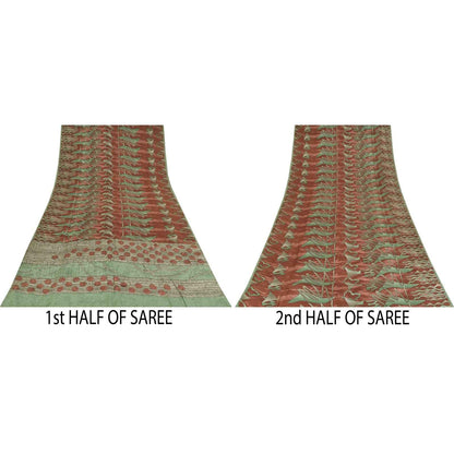 Sanskriti Vintage Sarees Green & Red Crepe Silk Printed Sari 6+yd Craft Fabric