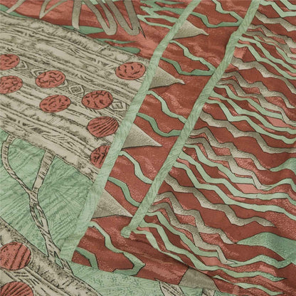 Sanskriti Vintage Sarees Green & Red Crepe Silk Printed Sari 6+yd Craft Fabric