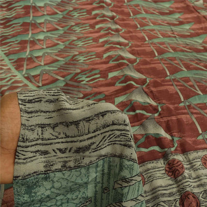 Sanskriti Vintage Sarees Green & Red Crepe Silk Printed Sari 6+yd Craft Fabric