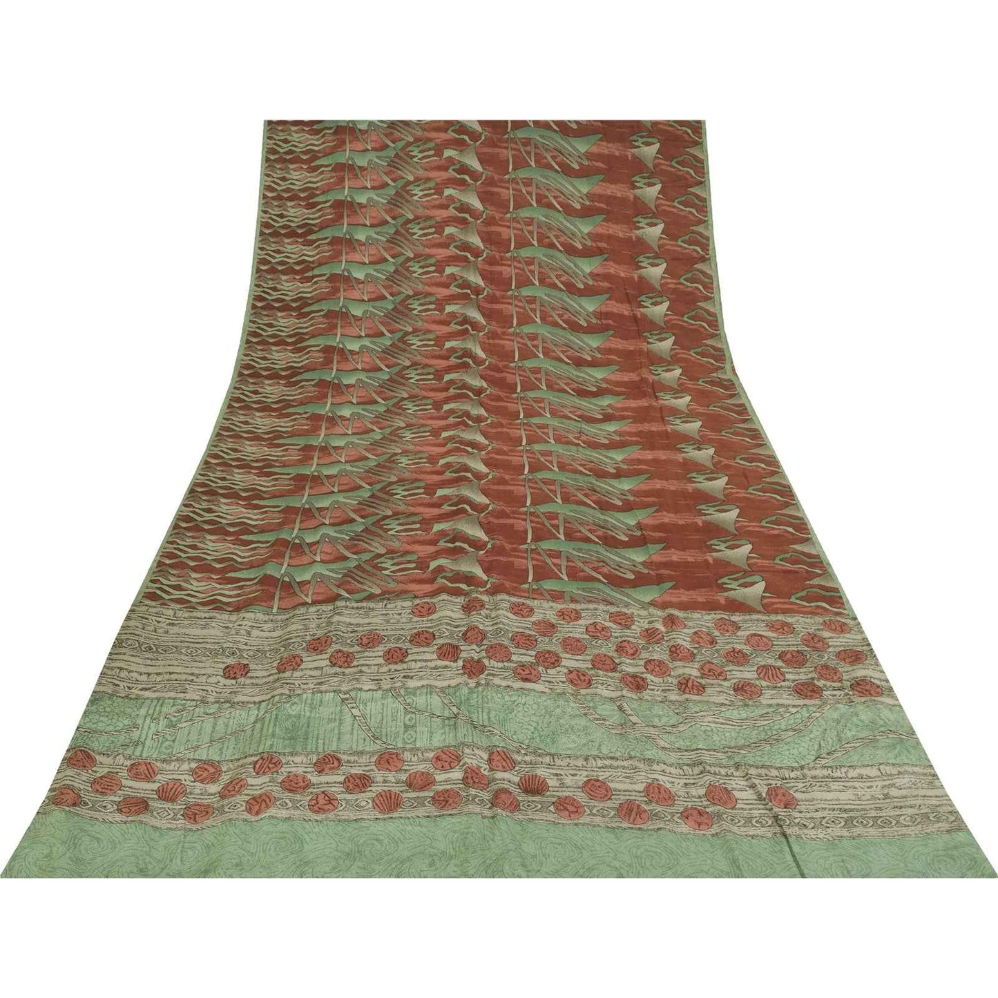 Sanskriti Vintage Sarees Green & Red Crepe Silk Printed Sari 6+yd Craft Fabric