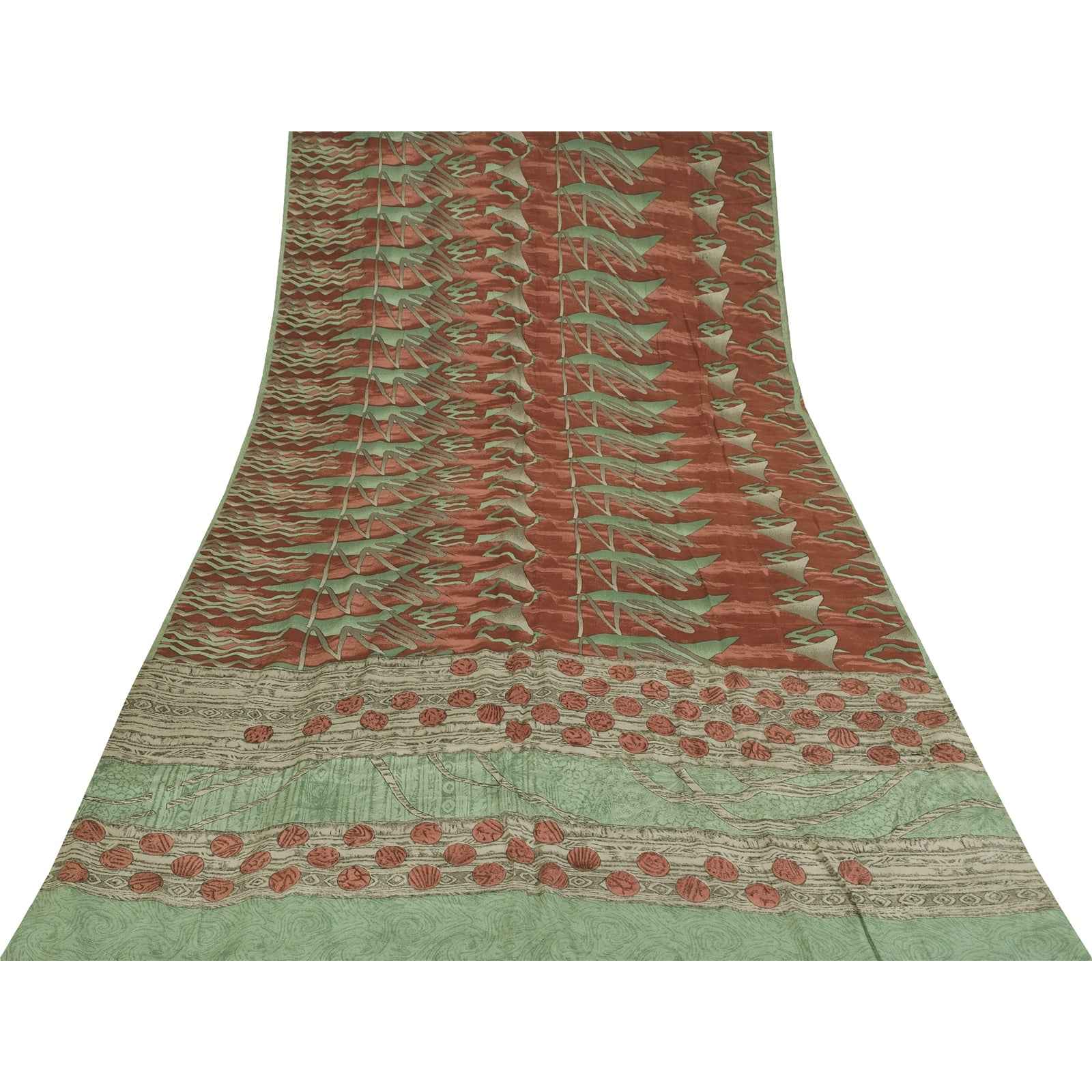Sanskriti Vintage Sarees Green & Red Crepe Silk Printed Sari 6+yd Craft Fabric