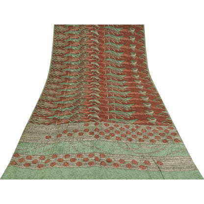 Sanskriti Vintage Sarees Green & Red Crepe Silk Printed Sari 6+yd Craft Fabric