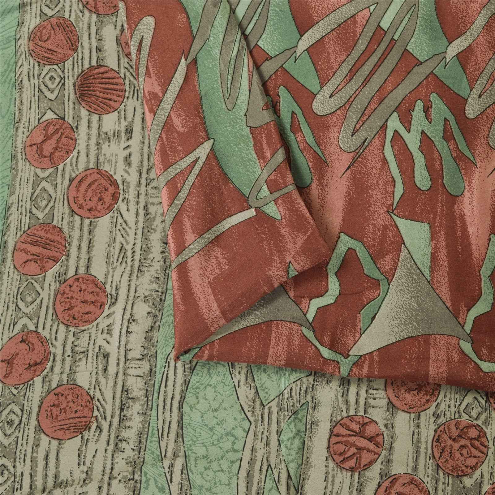 Sanskriti Vintage Sarees Green & Red Crepe Silk Printed Sari 6+yd Craft Fabric