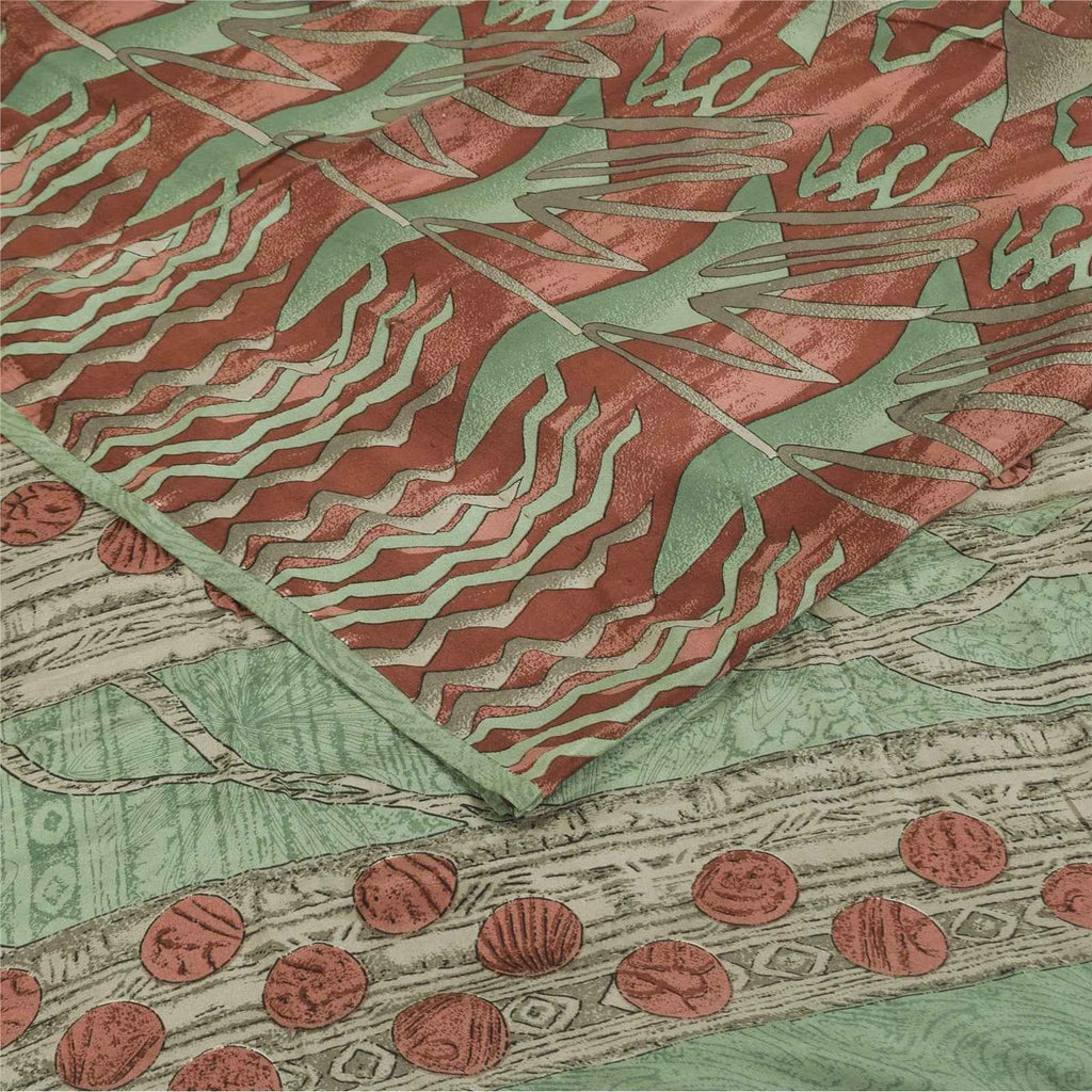 Sanskriti Vintage Sarees Green & Red Crepe Silk Printed Sari 6+yd Craft Fabric
