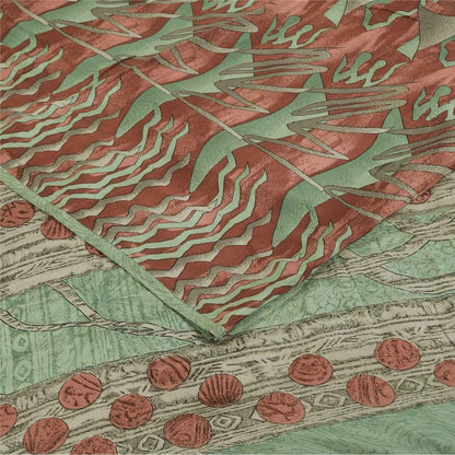 Sanskriti Vintage Sarees Green & Red Crepe Silk Printed Sari 6+yd Craft Fabric
