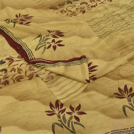 Sanskriti Vintage Sarees Cream Pure Crepe Silk Printed Sari 5+yd Craft Fabric