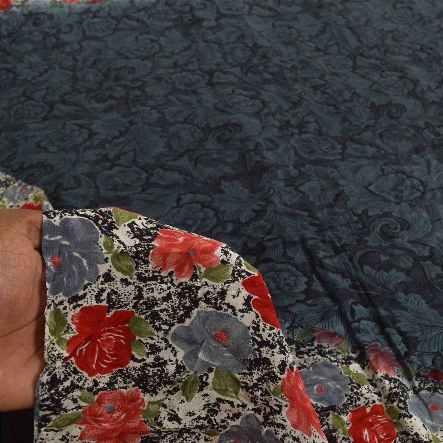 Sanskriti Vintage Sarees Black Pure Crepe Silk Printed Sari 6yd SoftCraft Fabric