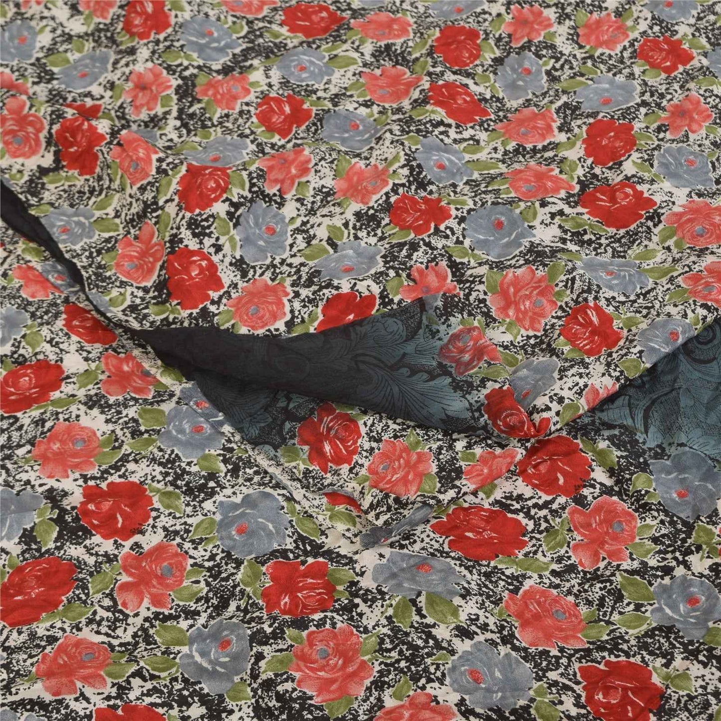 Sanskriti Vintage Sarees Black Pure Crepe Silk Printed Sari 6yd SoftCraft Fabric