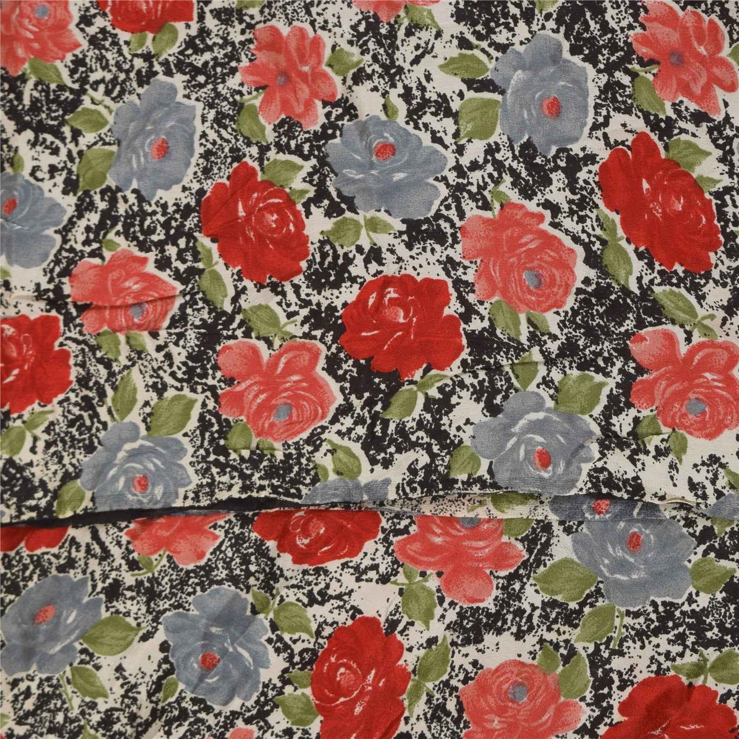 Sanskriti Vintage Sarees Black Pure Crepe Silk Printed Sari 6yd SoftCraft Fabric