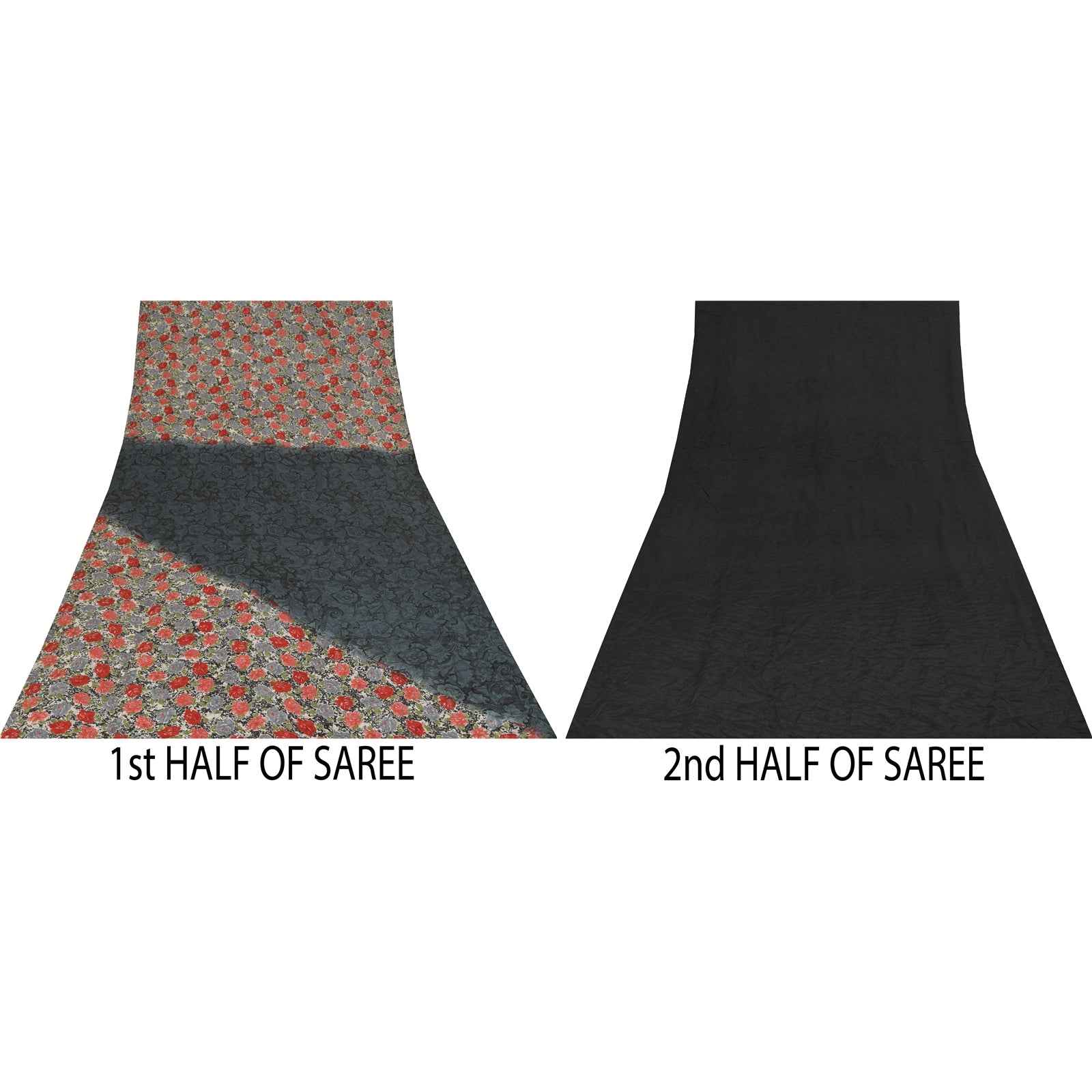 Sanskriti Vintage Sarees Black Pure Crepe Silk Printed Sari 6yd SoftCraft Fabric