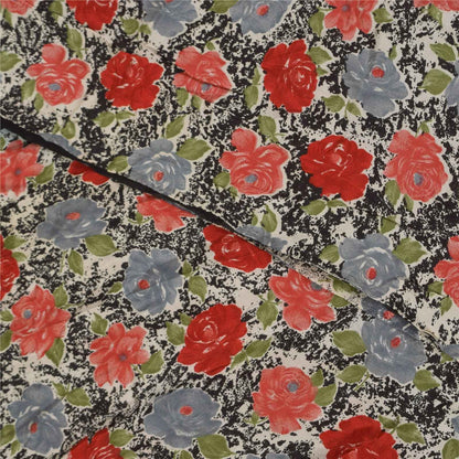 Sanskriti Vintage Sarees Black Pure Crepe Silk Printed Sari 6yd SoftCraft Fabric