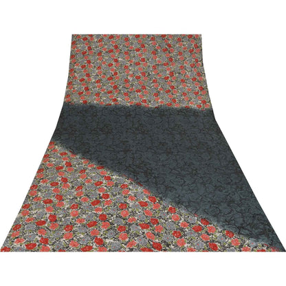 Sanskriti Vintage Sarees Black Pure Crepe Silk Printed Sari 6yd SoftCraft Fabric