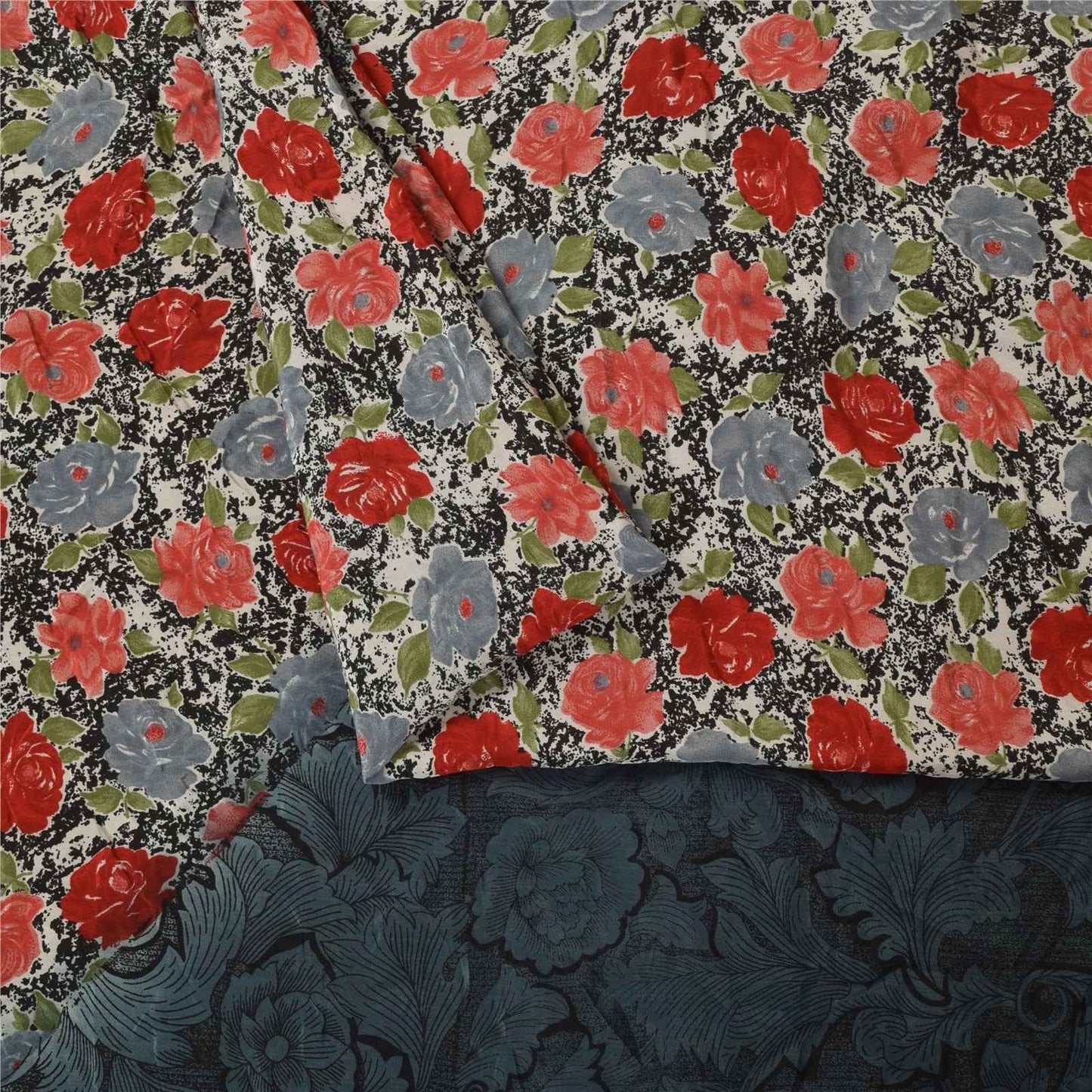 Sanskriti Vintage Sarees Black Pure Crepe Silk Printed Sari 6yd SoftCraft Fabric