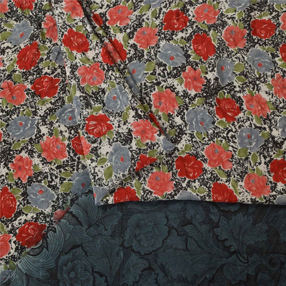 Sanskriti Vintage Sarees Black Pure Crepe Silk Printed Sari 6yd SoftCraft Fabric