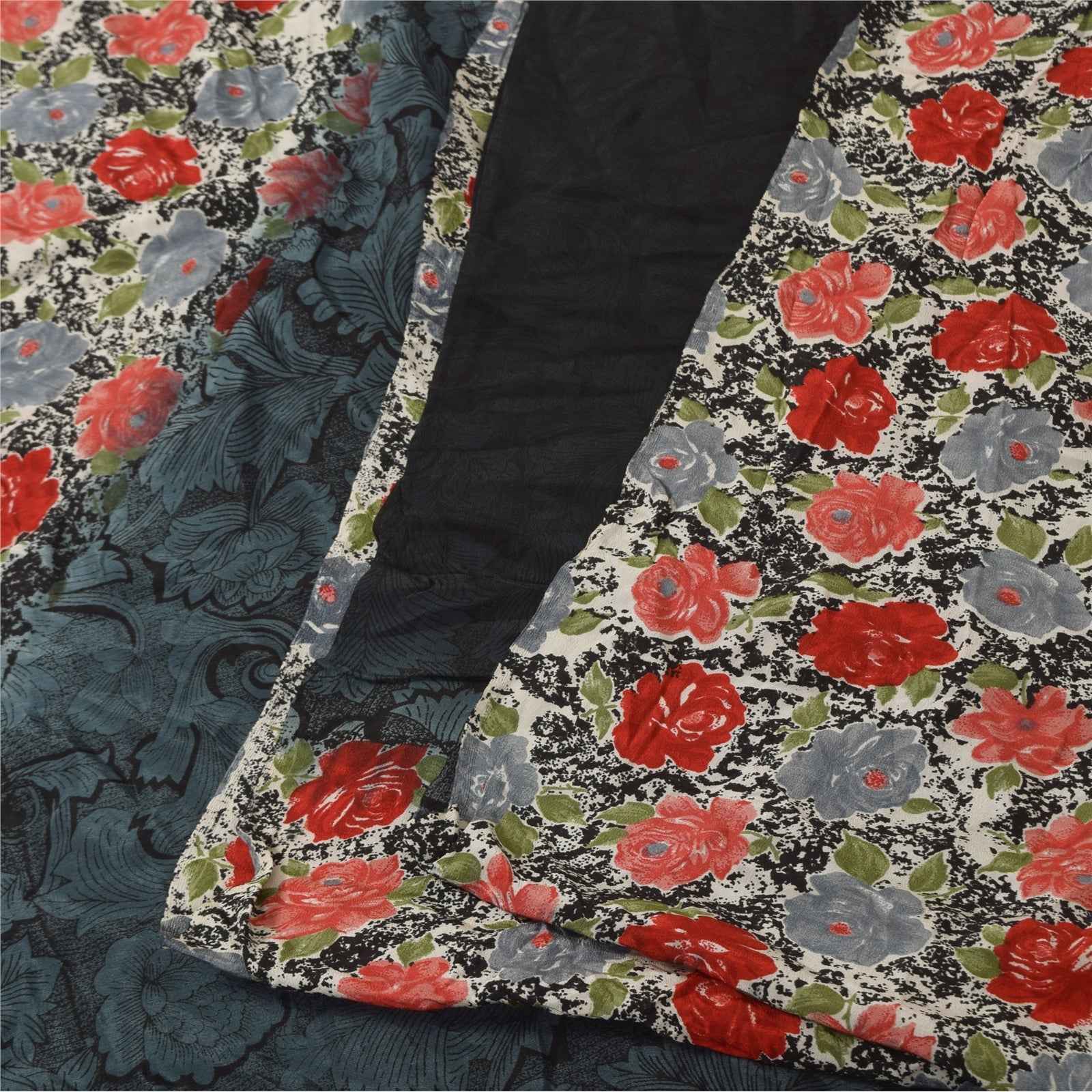 Sanskriti Vintage Sarees Black Pure Crepe Silk Printed Sari 6yd SoftCraft Fabric