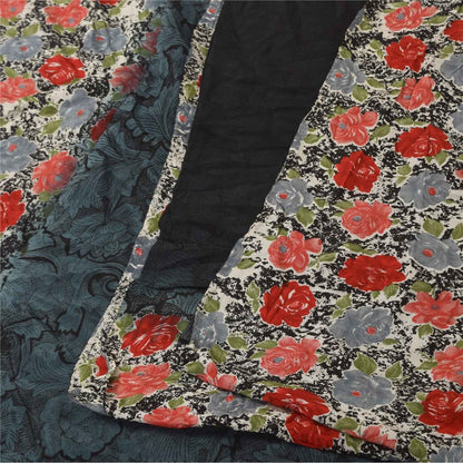 Sanskriti Vintage Sarees Black Pure Crepe Silk Printed Sari 6yd SoftCraft Fabric