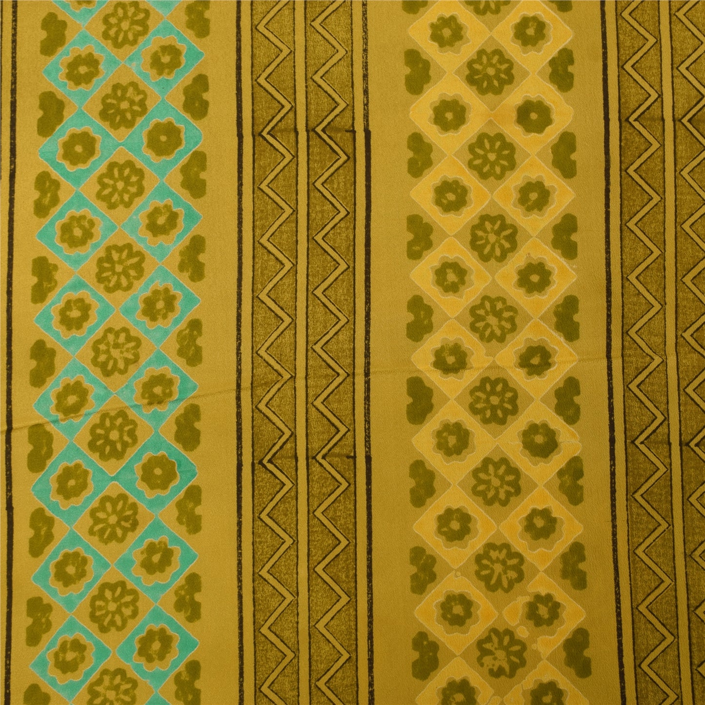 Sanskriti Vintage Saree Green Pure Crepe Silk Abstract Print Sari 5.5+Yd Fabric