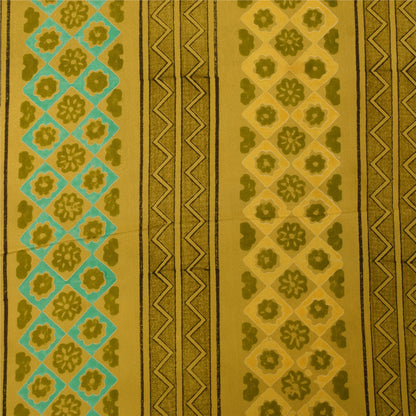 Sanskriti Vintage Saree Green Pure Crepe Silk Abstract Print Sari 5.5+Yd Fabric