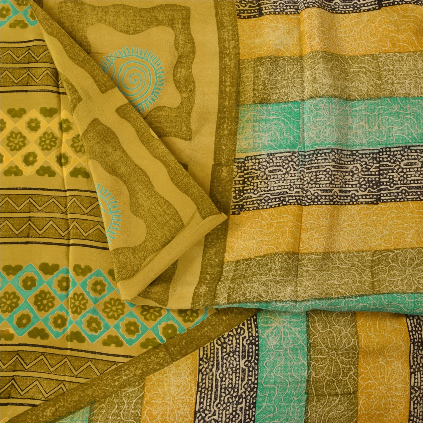 Sanskriti Vintage Saree Green Pure Crepe Silk Abstract Print Sari 5.5+Yd Fabric
