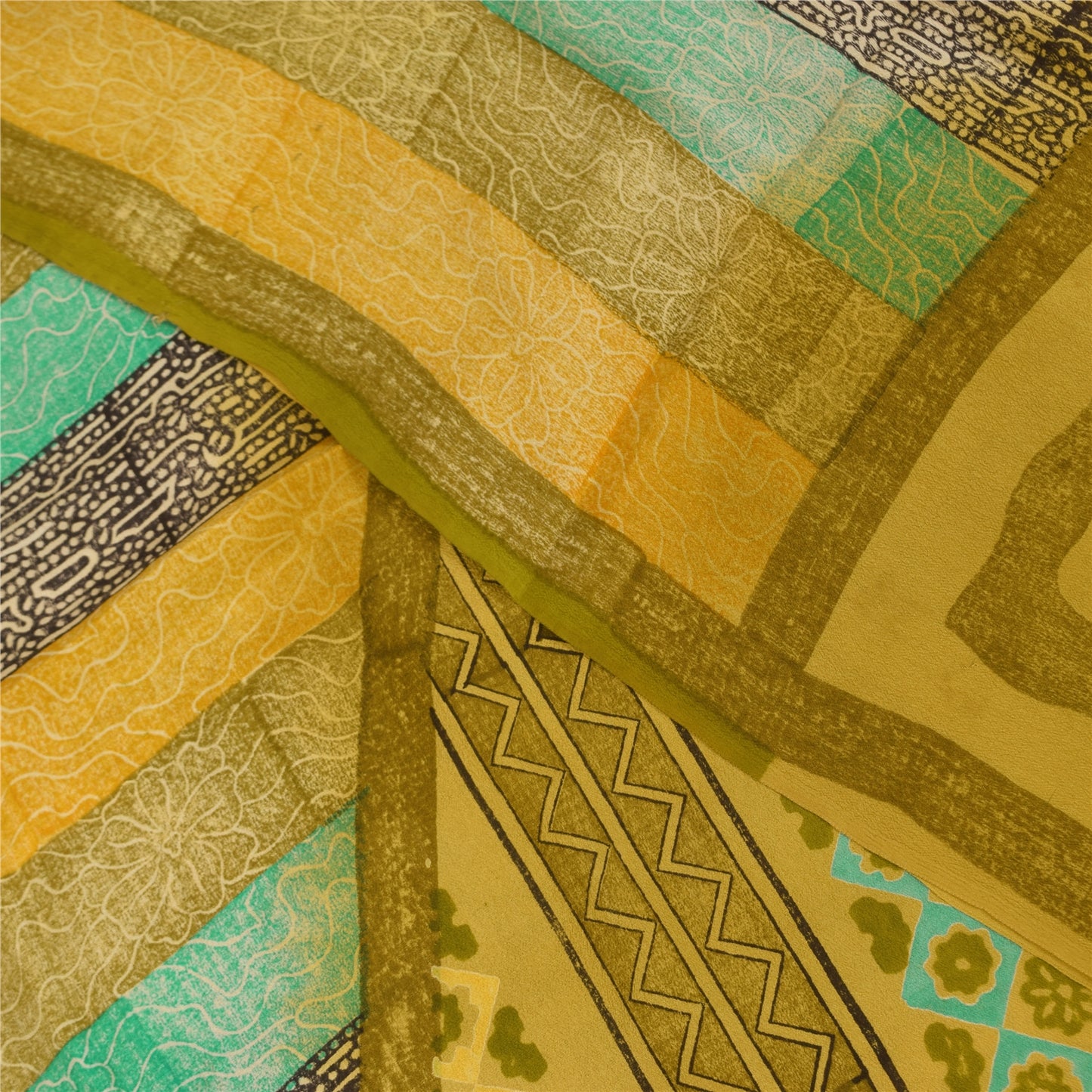 Sanskriti Vintage Saree Green Pure Crepe Silk Abstract Print Sari 5.5+Yd Fabric