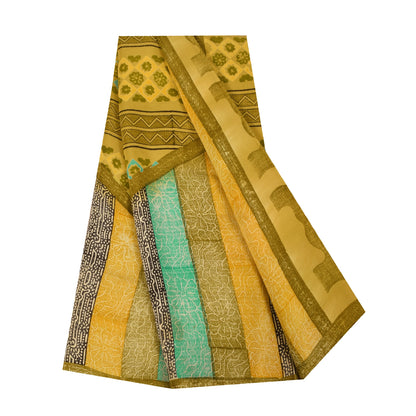 Sanskriti Vintage Saree Green Pure Crepe Silk Abstract Print Sari 5.5+Yd Fabric