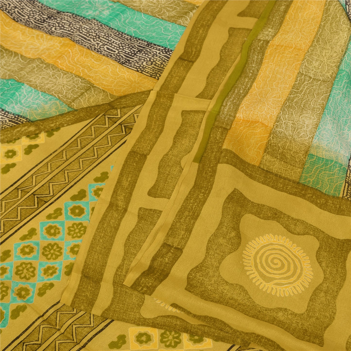 Sanskriti Vintage Saree Green Pure Crepe Silk Abstract Print Sari 5.5+Yd Fabric