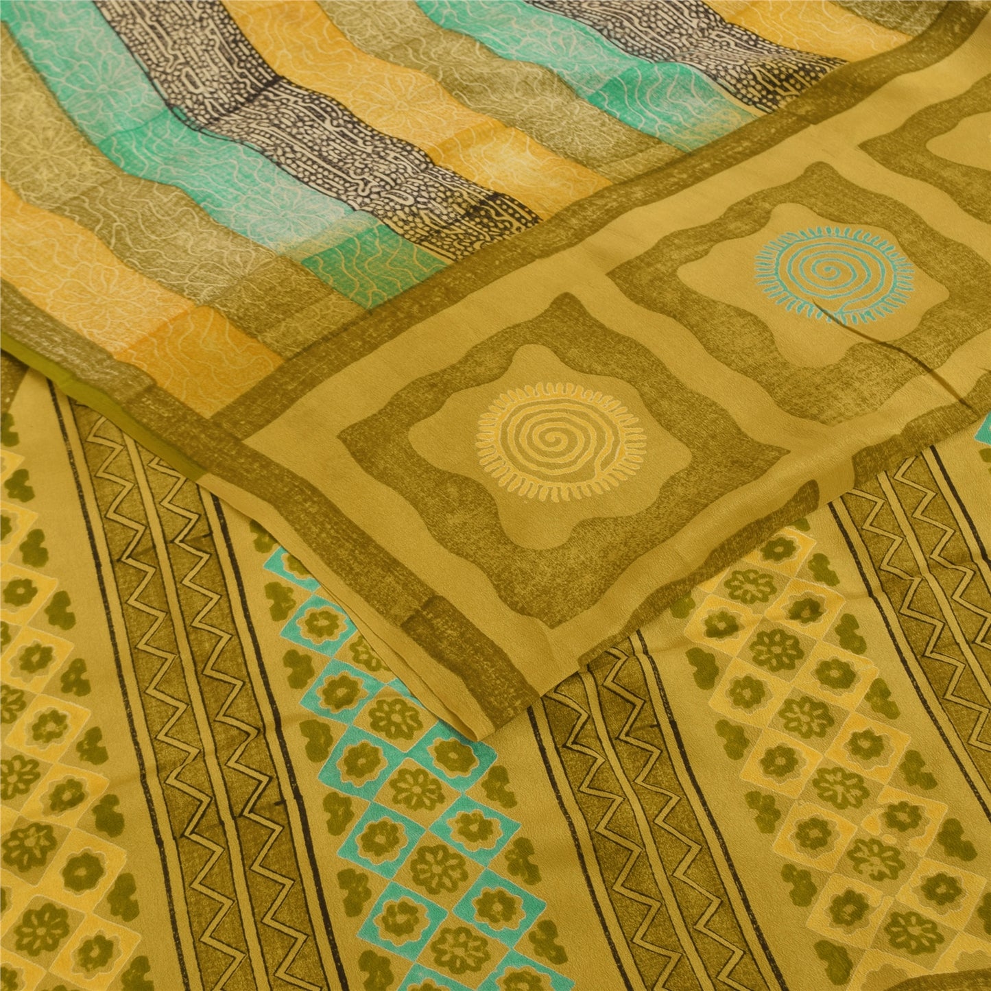 Sanskriti Vintage Saree Green Pure Crepe Silk Abstract Print Sari 5.5+Yd Fabric