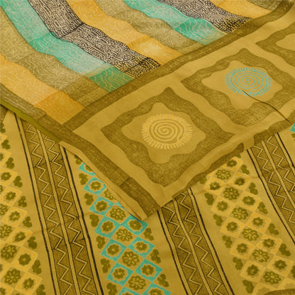 Sanskriti Vintage Saree Green Pure Crepe Silk Abstract Print Sari 5.5+Yd Fabric