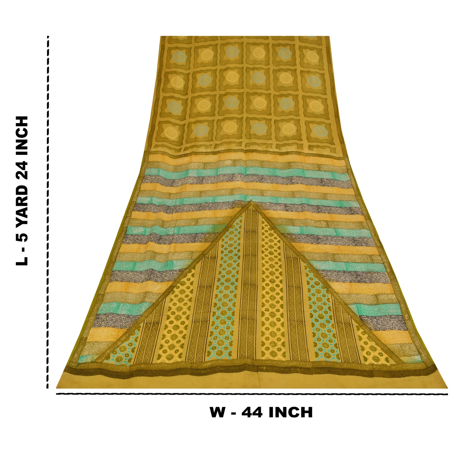Sanskriti Vintage Saree Green Pure Crepe Silk Abstract Print Sari 5.5+Yd Fabric