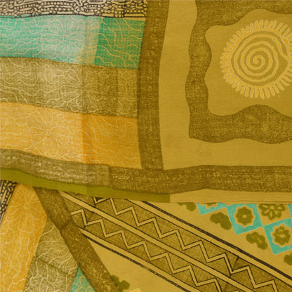 Sanskriti Vintage Saree Green Pure Crepe Silk Abstract Print Sari 5.5+Yd Fabric