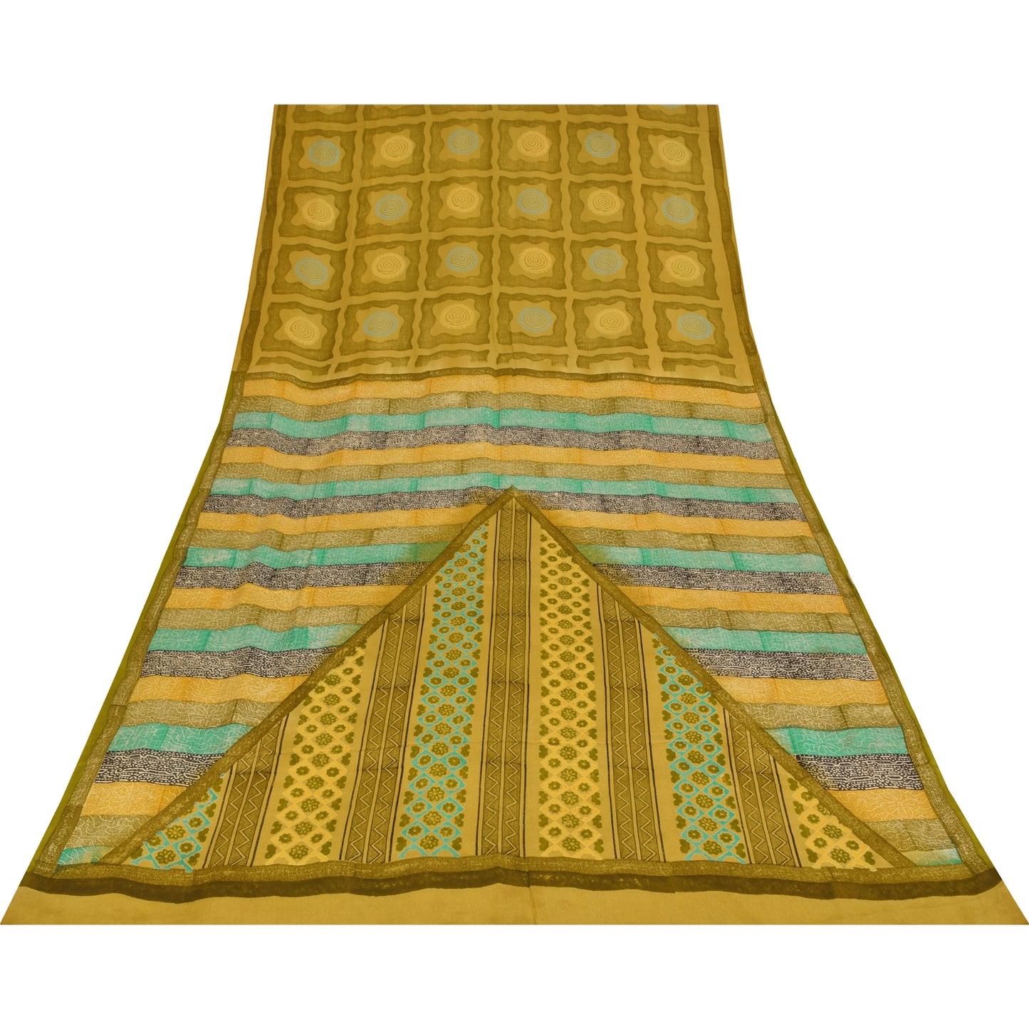 Sanskriti Vintage Saree Green Pure Crepe Silk Abstract Print Sari 5.5+Yd Fabric