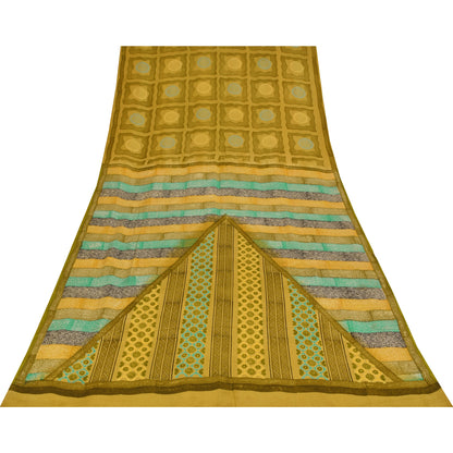 Sanskriti Vintage Saree Green Pure Crepe Silk Abstract Print Sari 5.5+Yd Fabric